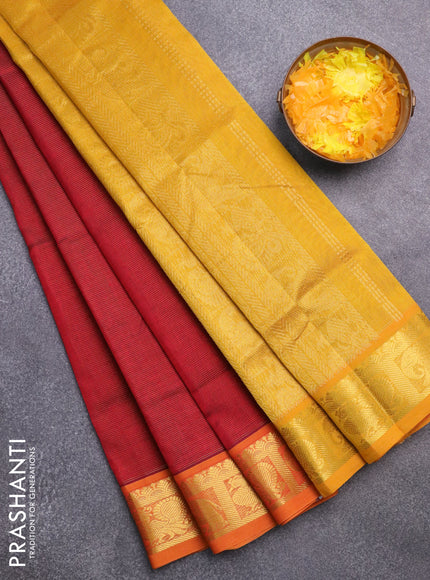 Silk cotton saree maroon and mustard yellow with allover vairaosi pattern and annam & elephant & zari woven border