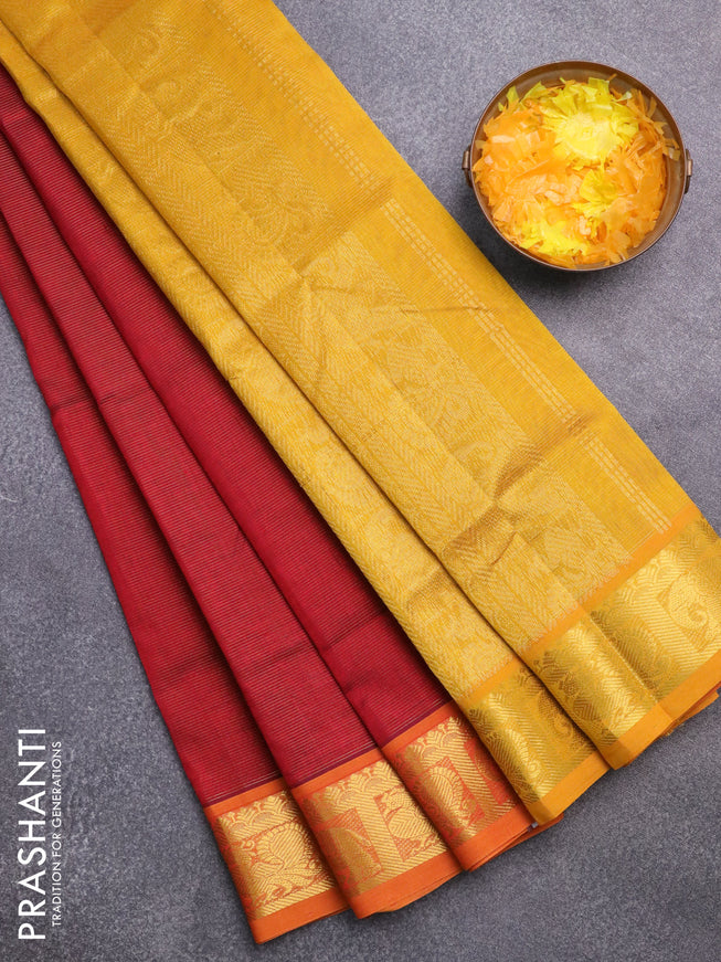 Silk cotton saree maroon and mustard yellow with allover vairaosi pattern and annam & elephant & zari woven border