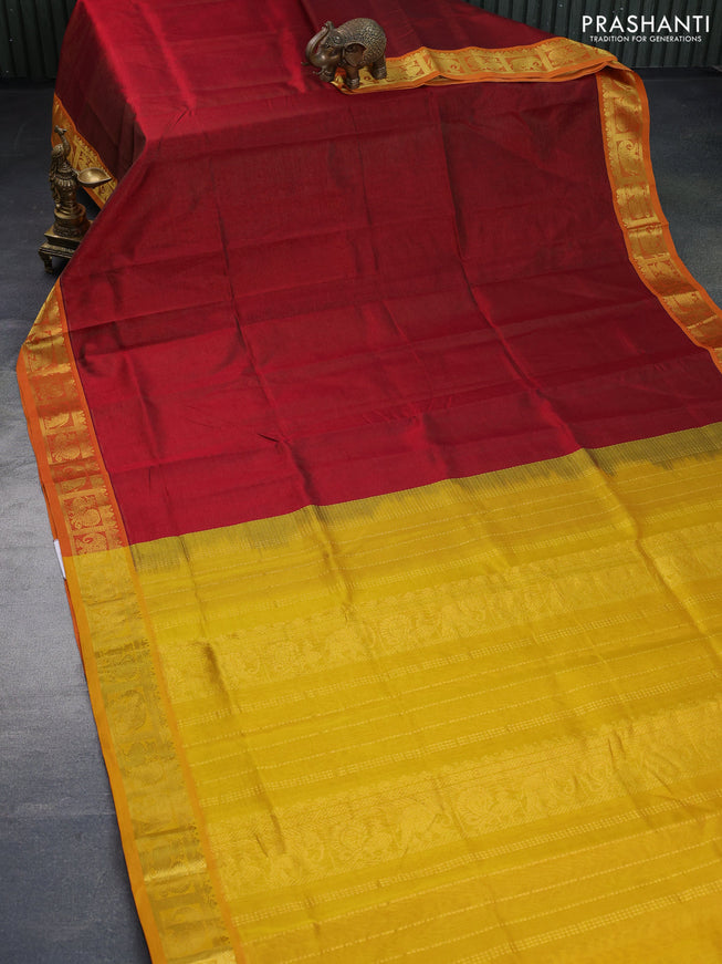 Silk cotton saree maroon and mustard yellow with allover vairaosi pattern and annam & elephant & zari woven border