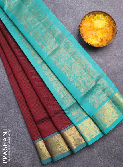 Silk cotton saree deep maroon and teal blue with allover vairaosi pattern and annam & elephant & zari woven border