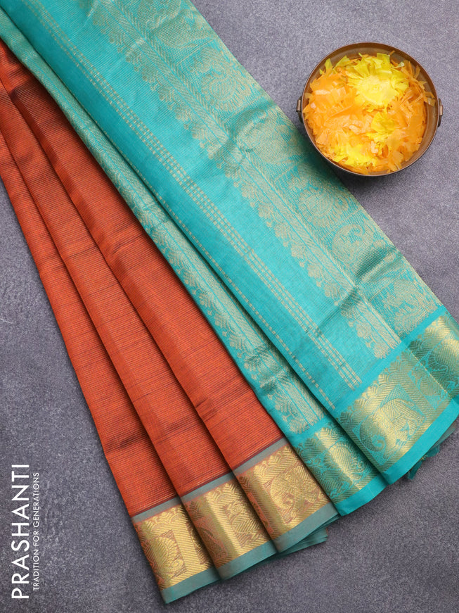 Silk cotton saree orange and teal green with allover vairaosi pattern and annam & elephant & zari woven border