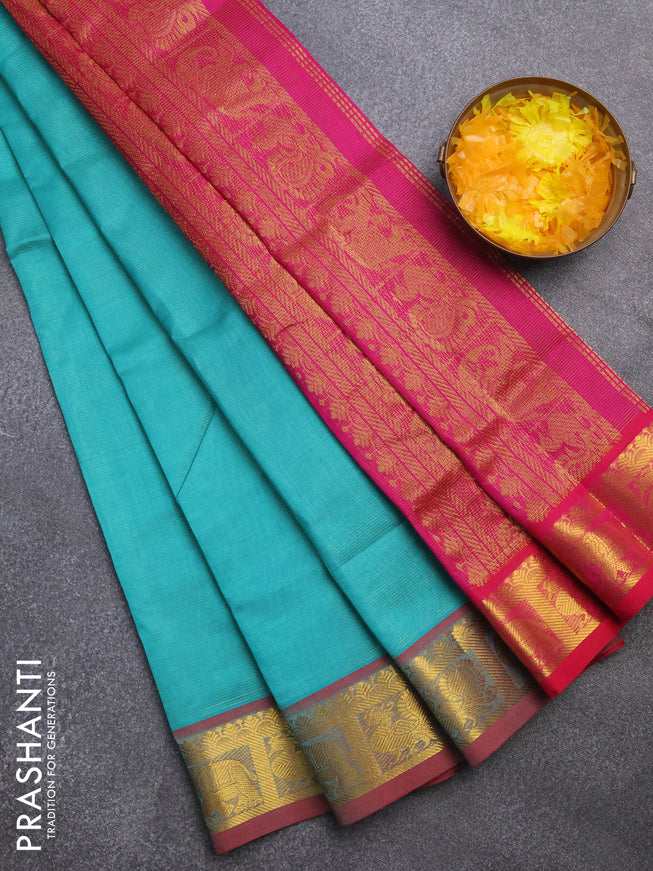 Silk cotton saree teal green and pink with allover vairaosi pattern and annam & elephant & zari woven border