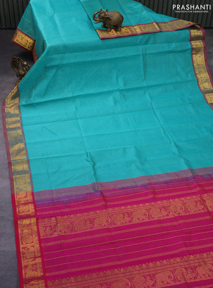 Silk cotton saree teal green and pink with allover vairaosi pattern and annam & elephant & zari woven border