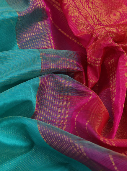 Silk cotton saree teal green and pink with allover vairaosi pattern and annam & elephant & zari woven border