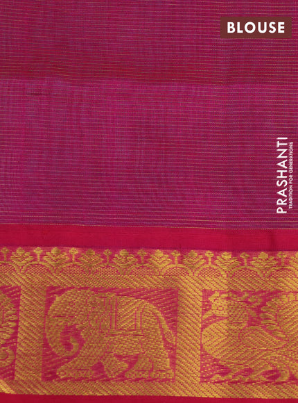 Silk cotton saree teal green and pink with allover vairaosi pattern and annam & elephant & zari woven border