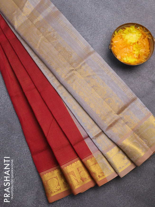 Silk cotton saree maroon and grey shade with allover vairaosi pattern and annam & elephant & zari woven border