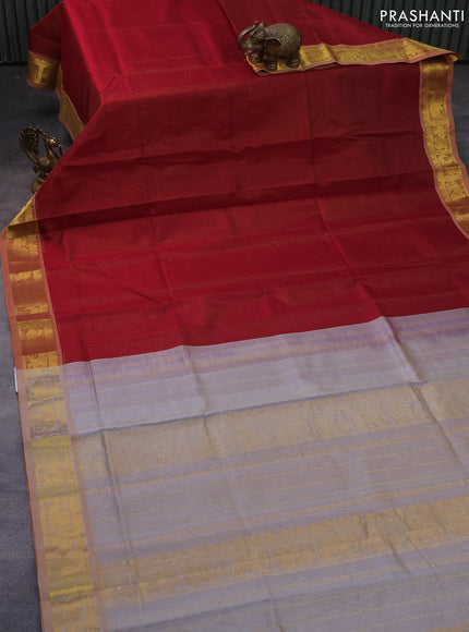 Silk cotton saree maroon and grey shade with allover vairaosi pattern and annam & elephant & zari woven border