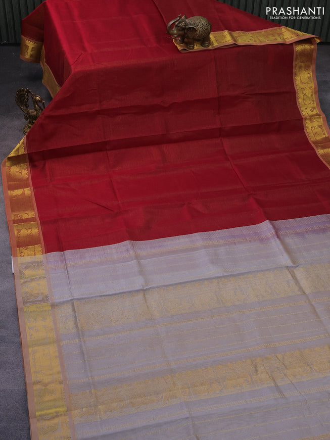 Silk cotton saree maroon and grey shade with allover vairaosi pattern and annam & elephant & zari woven border