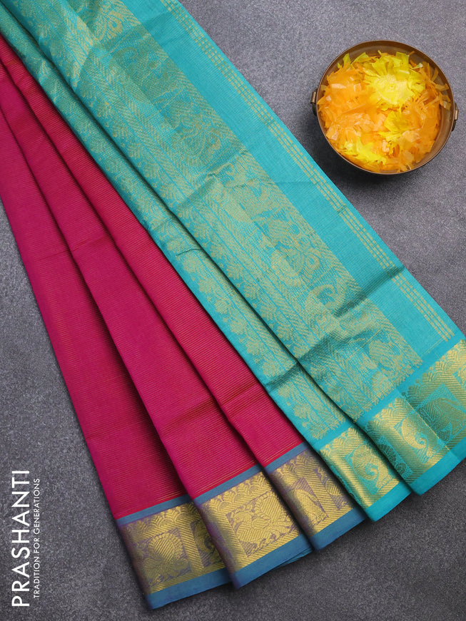 Silk cotton saree magenta pink and teal blue with allover vairaosi pattern and annam & elephant & zari woven border