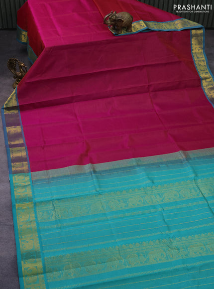 Silk cotton saree magenta pink and teal blue with allover vairaosi pattern and annam & elephant & zari woven border