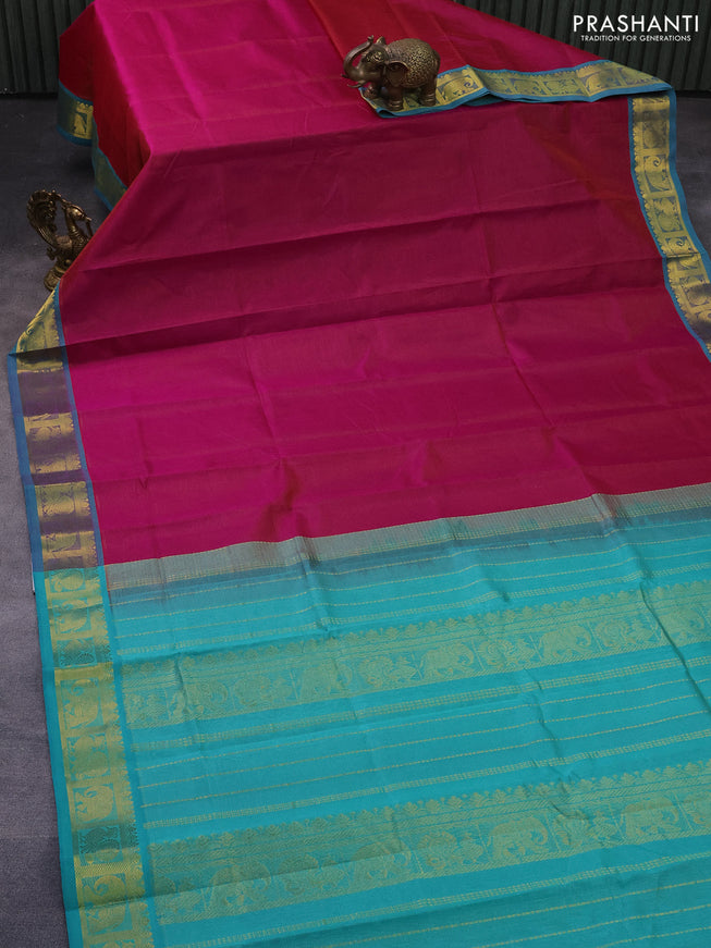 Silk cotton saree magenta pink and teal blue with allover vairaosi pattern and annam & elephant & zari woven border