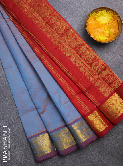 Silk cotton saree dual shade of blue and maroon with allover vairaosi pattern and annam & elephant & zari woven border