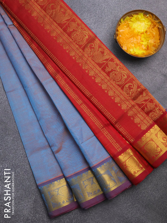 Silk cotton saree dual shade of blue and maroon with allover vairaosi pattern and annam & elephant & zari woven border