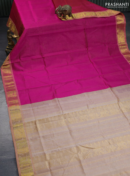 Silk cotton saree magenta pink and sandal with allover vairaosi pattern and annam & elephant & zari woven border