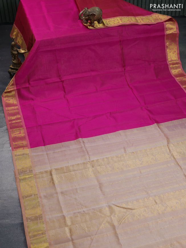 Silk cotton saree magenta pink and sandal with allover vairaosi pattern and annam & elephant & zari woven border