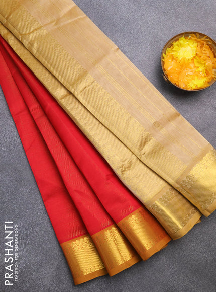 Silk cotton saree red and sandal with allover vairaosi pattern and zari woven border