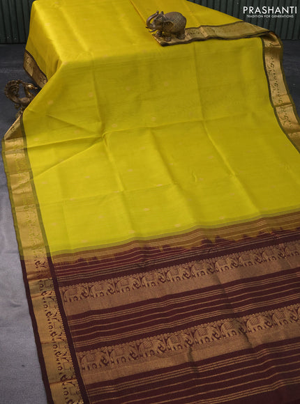 Silk cotton saree lime yellow and coffee brown with allover vairaosi pattern & buttas and zari woven border