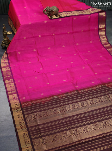 Silk cotton saree pink and coffee brown with allover vairaosi pattern & buttas and zari woven border