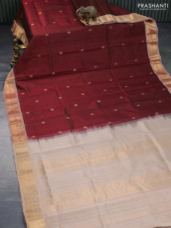 Silk cotton saree maroon and sandal with allover vairaosi pattern & buttas and zari woven border