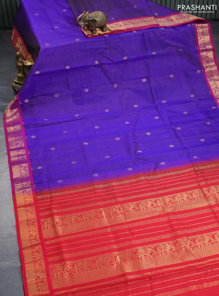 Silk cotton saree blue and red with allover vairaosi pattern & buttas and zari woven border