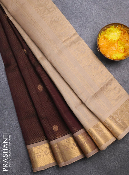 Silk cotton saree brown and sandal with allover vairaosi pattern & buttas and zari woven border