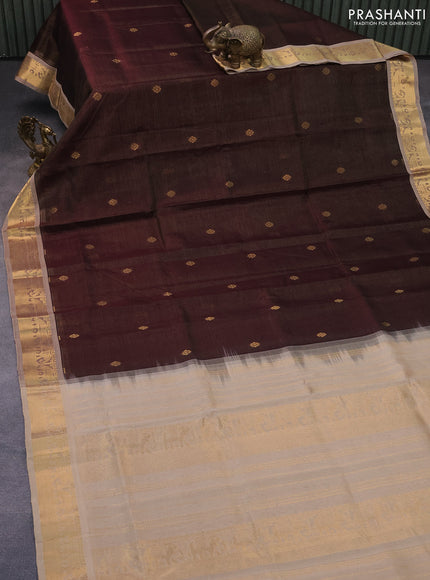 Silk cotton saree brown and sandal with allover vairaosi pattern & buttas and zari woven border