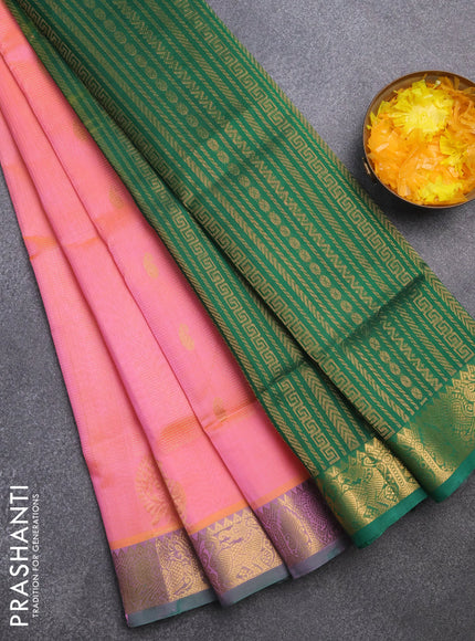 Silk cotton saree dual shade peach orange and green with allover vairaosi pattern & buttas and zari woven border