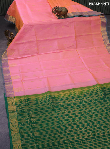 Silk cotton saree dual shade peach orange and green with allover vairaosi pattern & buttas and zari woven border