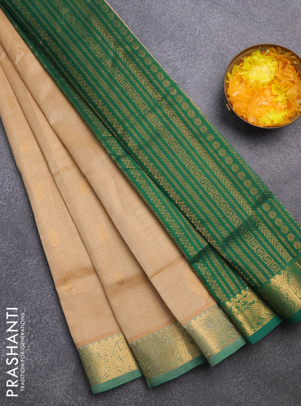 Silk cotton saree sandal and green with allover vairaosi pattern & buttas and zari woven border