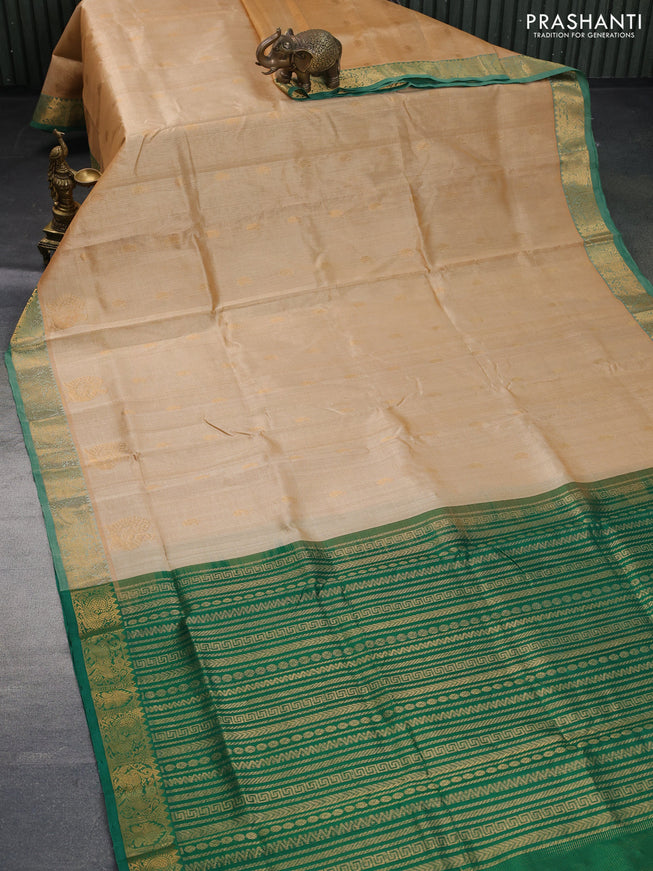 Silk cotton saree sandal and green with allover vairaosi pattern & buttas and zari woven border