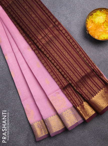 Silk cotton saree light pink and wine shade with allover vairaosi pattern & buttas and zari woven border