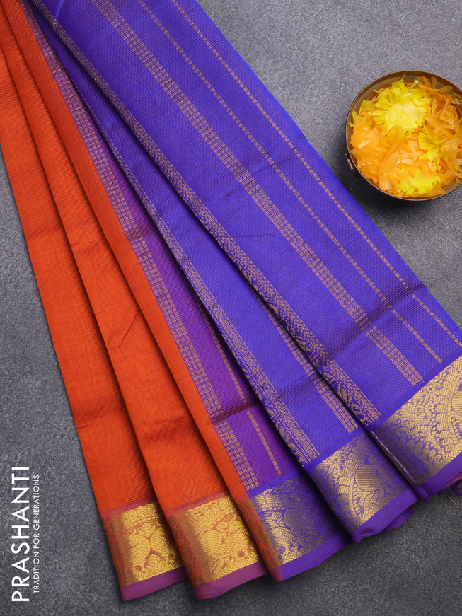 Silk cotton saree orange and blue with allover vairaosi pattern and annam zari woven border