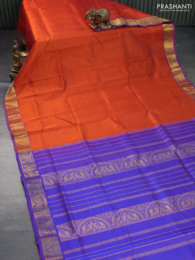 Silk cotton saree orange and blue with allover vairaosi pattern and annam zari woven border