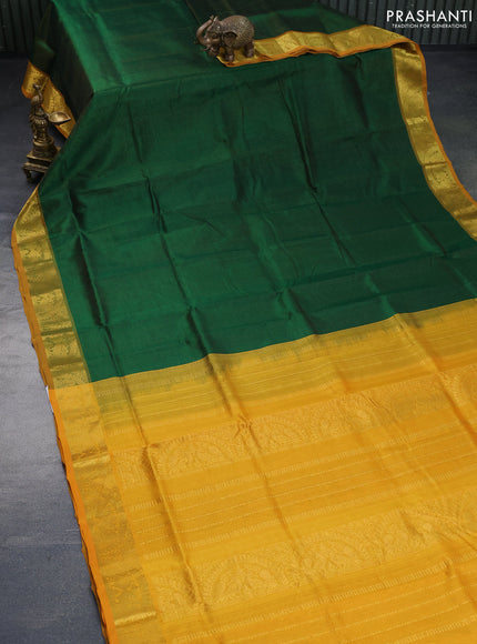 Silk cotton saree green and mustard yellow with allover vairaosi pattern and annam zari woven border