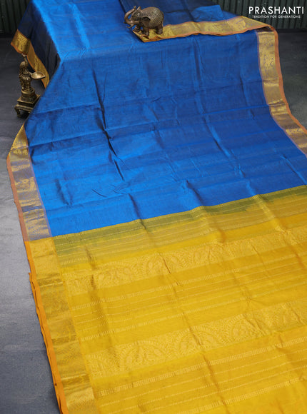 Silk cotton saree peacock blue and mustard yellow with allover vairaosi pattern and annam zari woven border