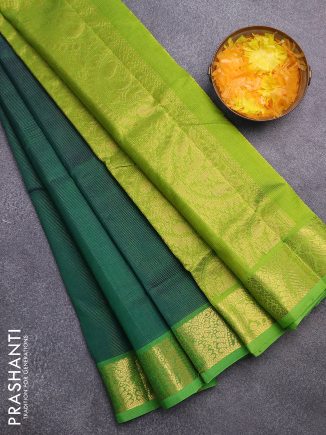 Silk cotton saree dark green and lime green with allover vairaosi pattern and annam zari woven border