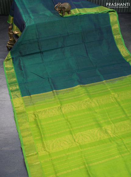 Silk cotton saree dark green and lime green with allover vairaosi pattern and annam zari woven border