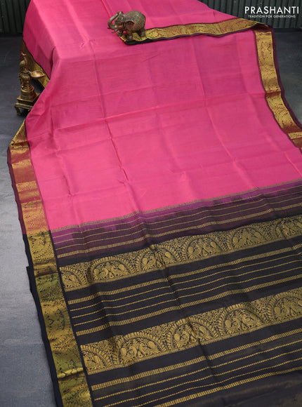 Silk cotton saree pink and black with allover vairaosi pattern and annam zari woven border