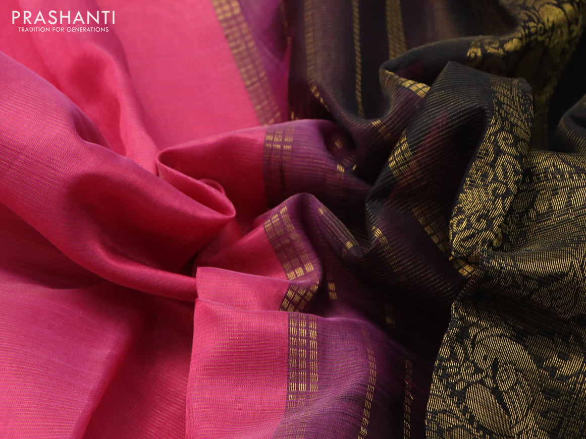 Silk cotton saree pink and black with allover vairaosi pattern and annam zari woven border