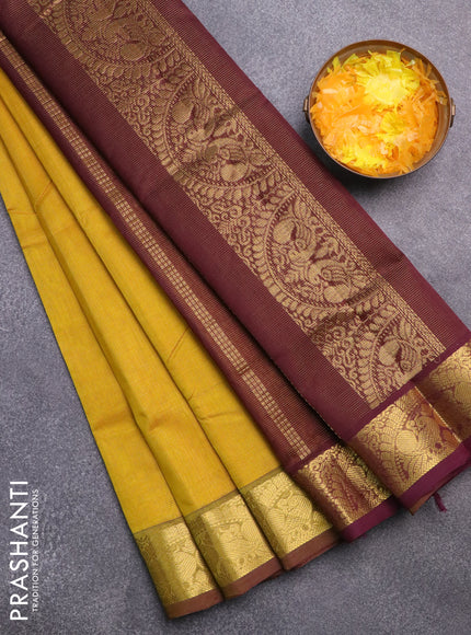 Silk cotton saree mustard yellow and brown with allover vairaosi pattern and annam zari woven border