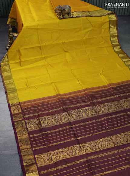 Silk cotton saree mustard yellow and brown with allover vairaosi pattern and annam zari woven border