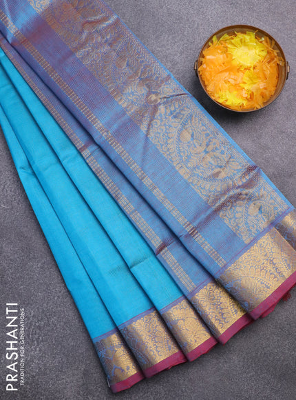 Silk cotton saree light blue and dual shade of maroon with allover vairaosi pattern and annam zari woven border