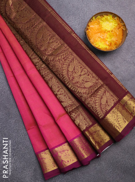 Silk cotton saree dual shade of pink and deep maroon with allover vairaosi pattern and annam zari woven border