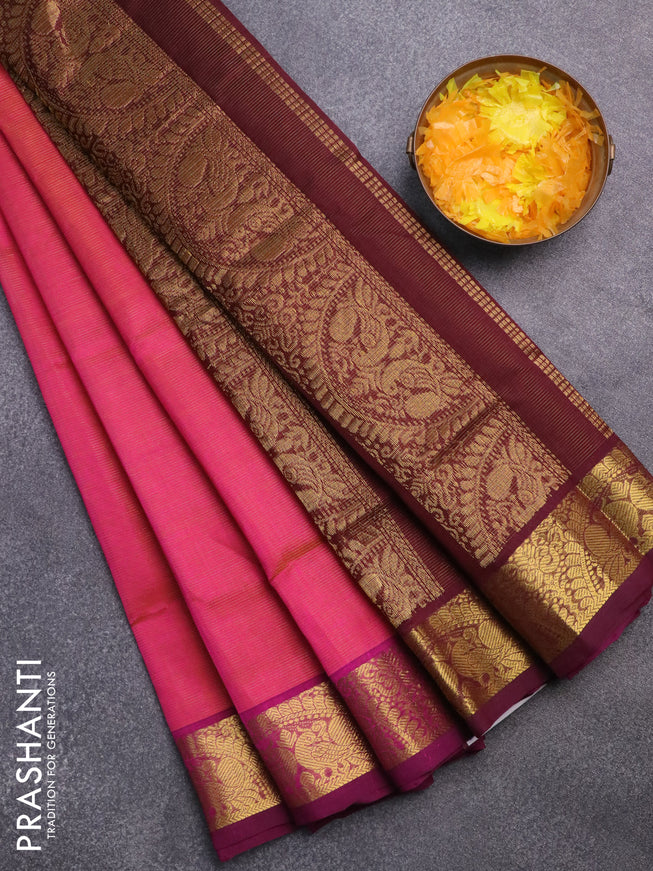 Silk cotton saree dual shade of pink and deep maroon with allover vairaosi pattern and annam zari woven border