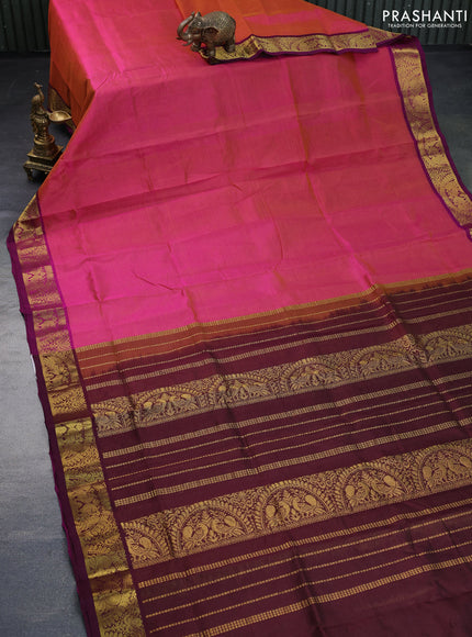 Silk cotton saree dual shade of pink and deep maroon with allover vairaosi pattern and annam zari woven border