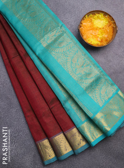 Silk cotton saree deep maroon and teal blue with allover vairaosi pattern and annam zari woven border