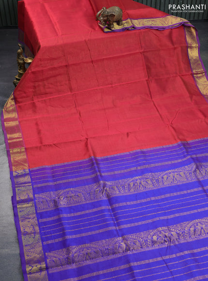 Silk cotton saree maroon and blue with allover vairaosi pattern and annam zari woven border