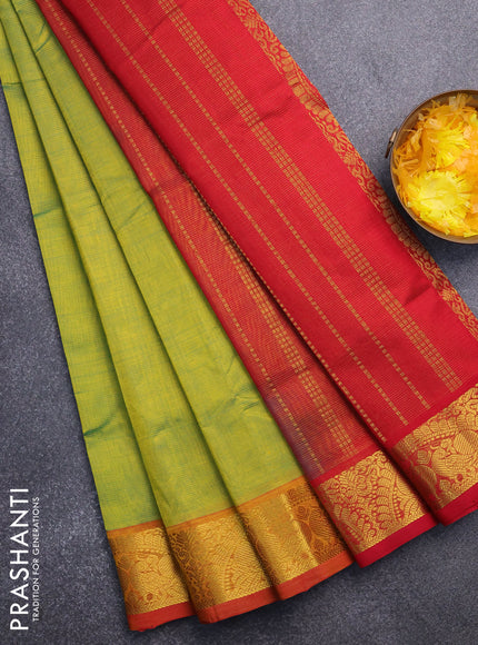 Silk cotton saree dual shade of light green and red with allover vairaosi pattern and annam zari woven border