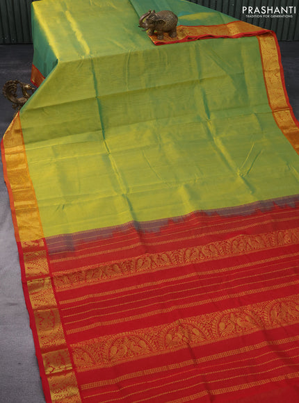 Silk cotton saree dual shade of light green and red with allover vairaosi pattern and annam zari woven border