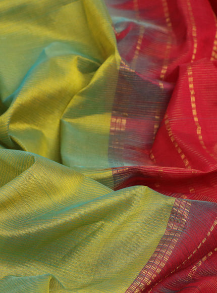 Silk cotton saree dual shade of light green and red with allover vairaosi pattern and annam zari woven border